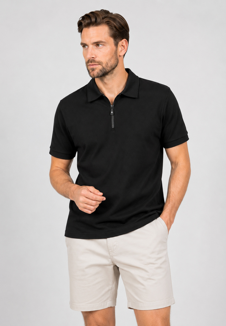 Koszulka Polo Męska Klasyczna z Zamkiem Casual Elegancka Czarna