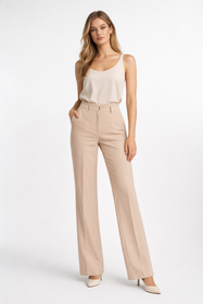 Spodnie Damskie Wide Leg Wizytowe Eleganckie Materiałowe Beżowe EDAN