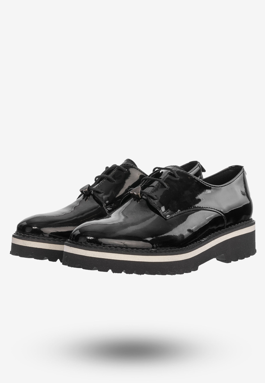 Półbuty Buty Damskie Skórzane Eleganckie Czarne Lakierowane 3519/090-P
