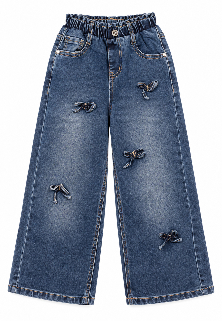 Jeansy Dziewczęce Szerokie z Kokardkami Wysoki Stan Denim Niebieskie