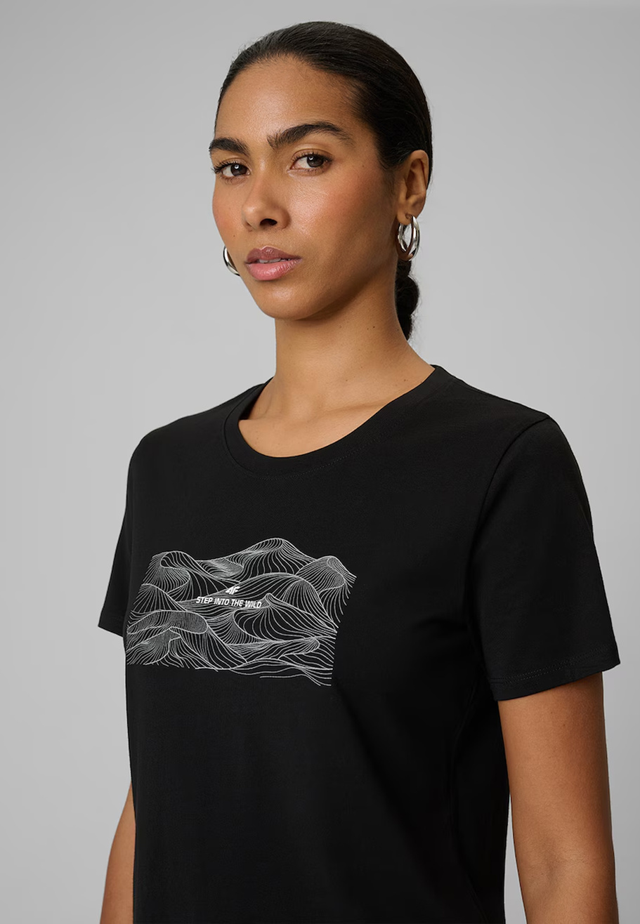 Koszulka Damska 4F T-shirt Regular Z Nadrukiem Czarny 4FWSS26TTSHF2785