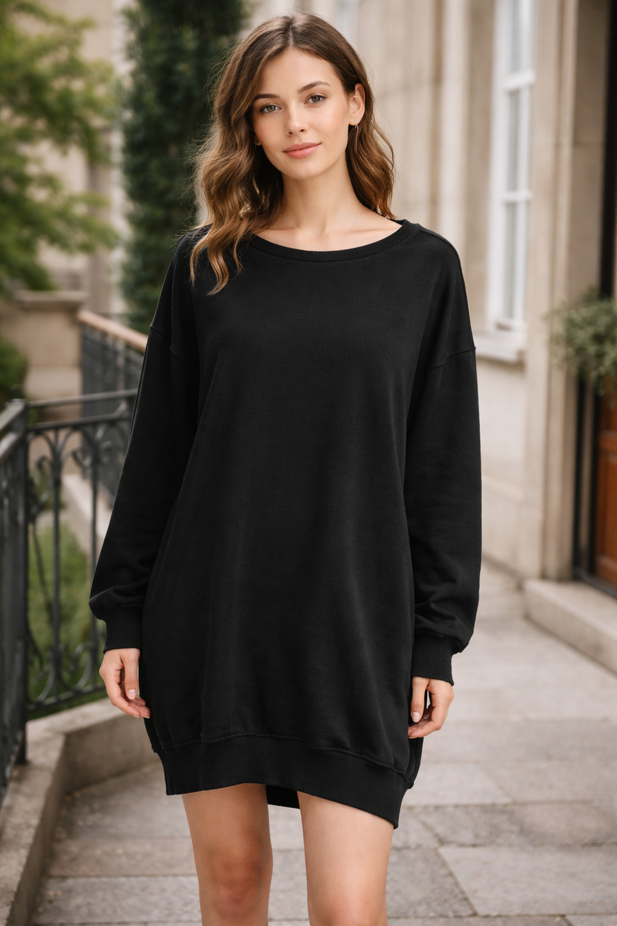 Sukienka Damska Dresowa Bluza Oversize Tunika Casual Czarna EDAN