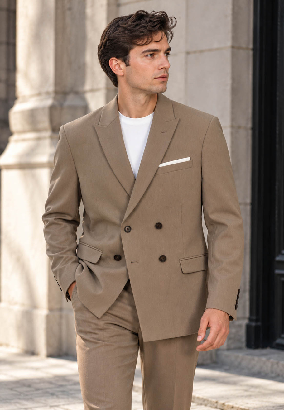 Marynarka Męska Dwurzędowa Elegancka Wizytowa Dopasowana Slim Fit Beżowa