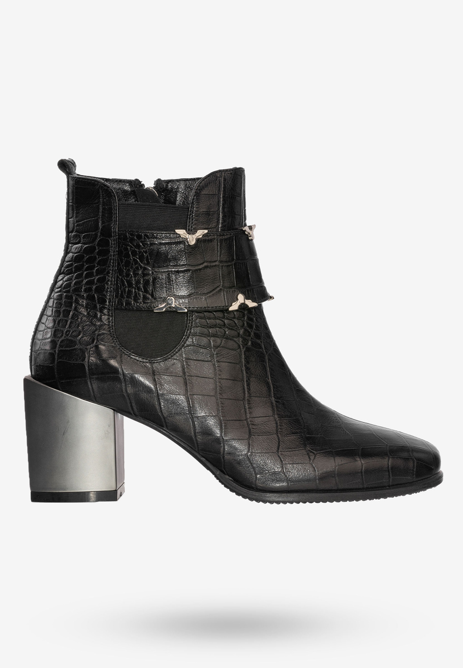 Buty Damskie Botki Skórzane Na Klocku Na Zimę Ocieplane Czarne 610