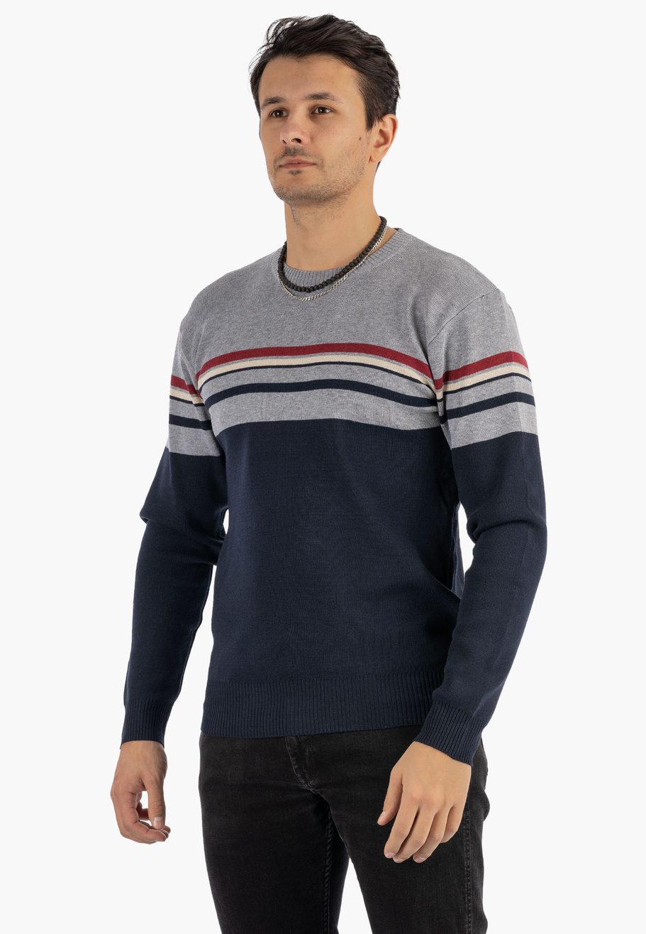 Sweter Męski Klasyczny Elegancki Wygodny Okrągły Dekolt Szary W Paski MUST