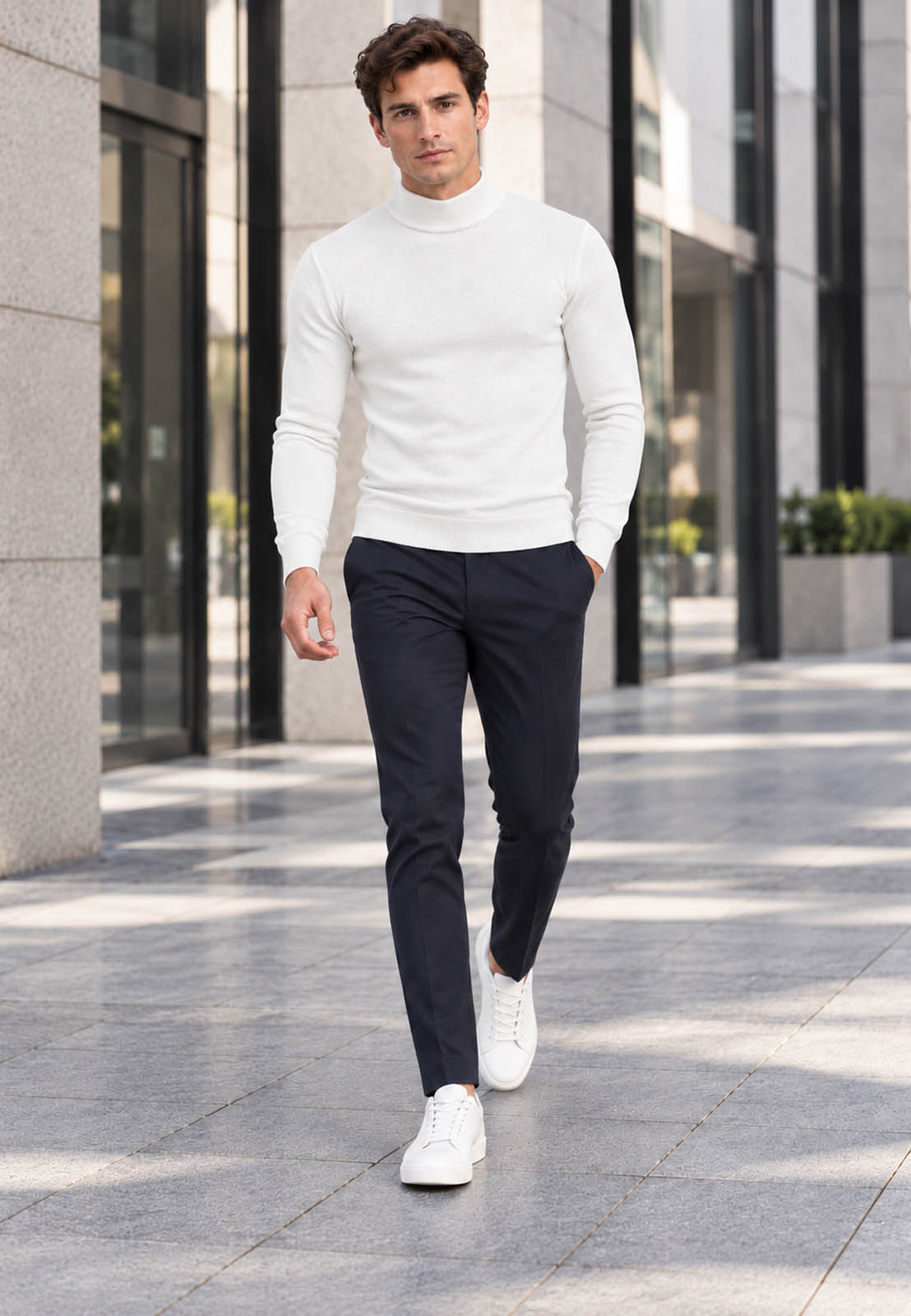 Półgolf męski Slim Fit mocno dopasowany z nieco grubszej dzianiny biały gładki