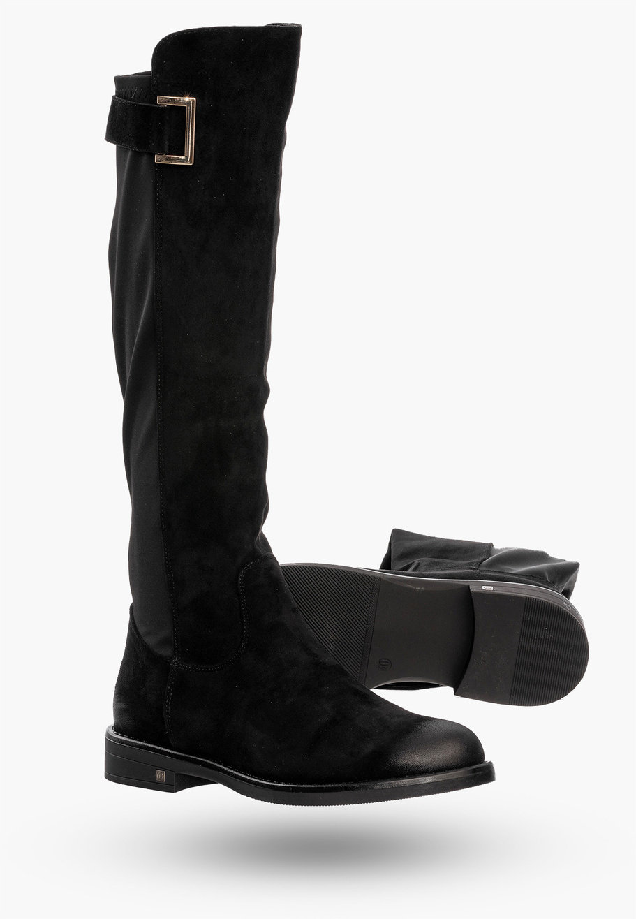 Buty Damskie Kozaki Na Płaskim Obcasie Na Zimę Czarne POTOCKI 23-12252BK