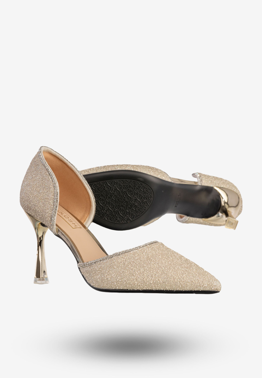 Szpilki Damskie Ekoskóra Błyszczące Buty Na Obcasie Złote Minglong Shoes 252-61J