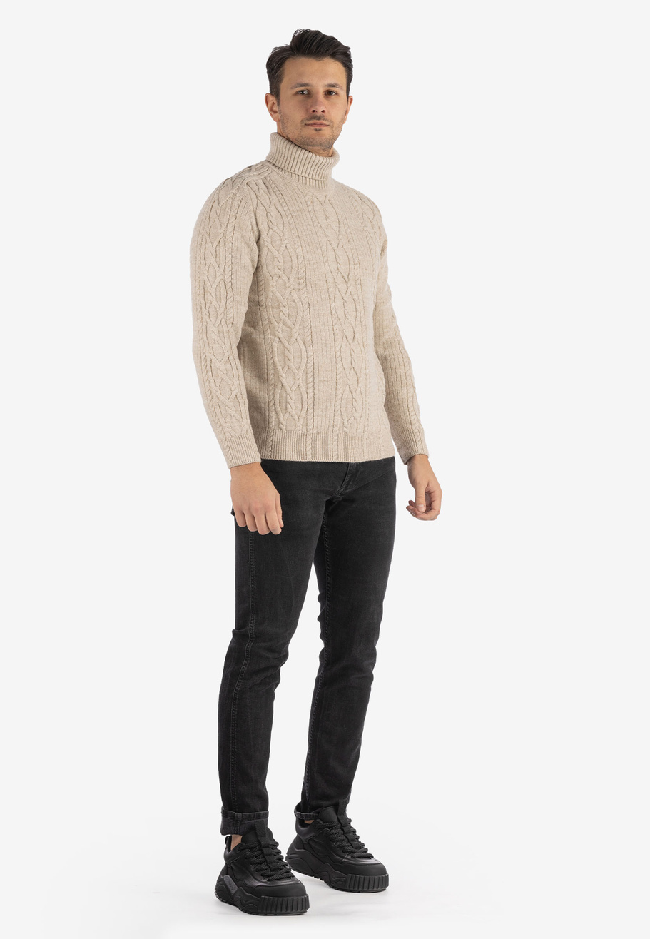 Sweter Męski Golf Beżowy Gruby Zimowy Wełniany Ciepły