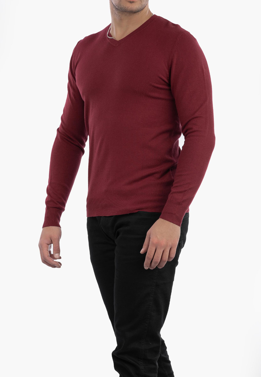 Sweter Męski Elegancki Klasyczny w serek Bordowy S2005