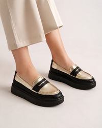 Półbuty Damskie Skórzane Buty Loafersy Platforma Czarne Cambell