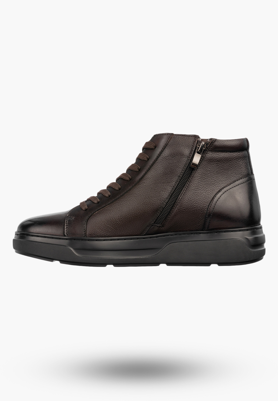 Trzewiki Skórzane Męskie Buty Sneakersy Wysokie PREMIUM SOLE Kawowe