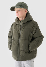 Kurtka Chłopięca 4F Puchowa Oversize Z Kapturem Pikowana Khaki 4FJWAW24TDJAM463