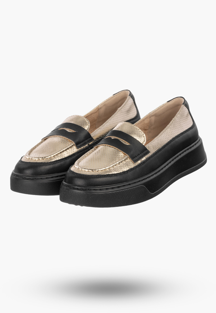 Półbuty Damskie Skórzane Buty Loafersy Platforma Czarne Cambell