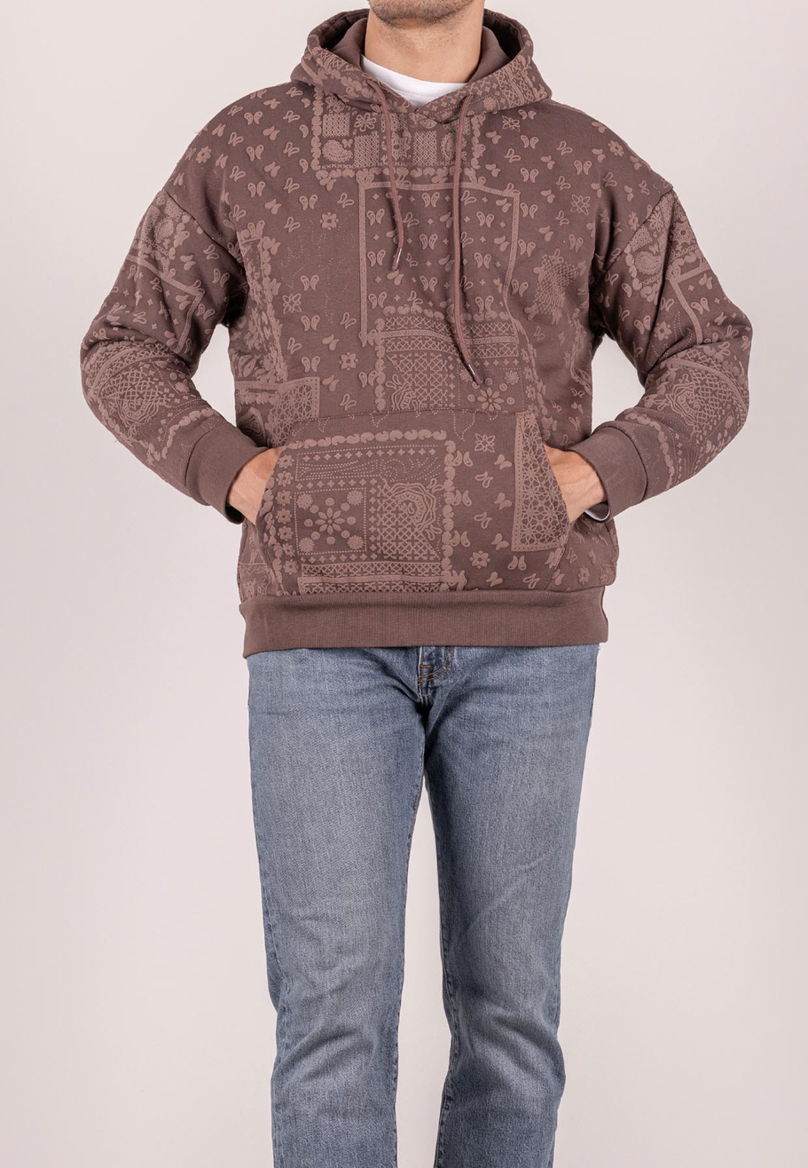 Bluza męska oversize ocieplana z kapturem paisley brązowa