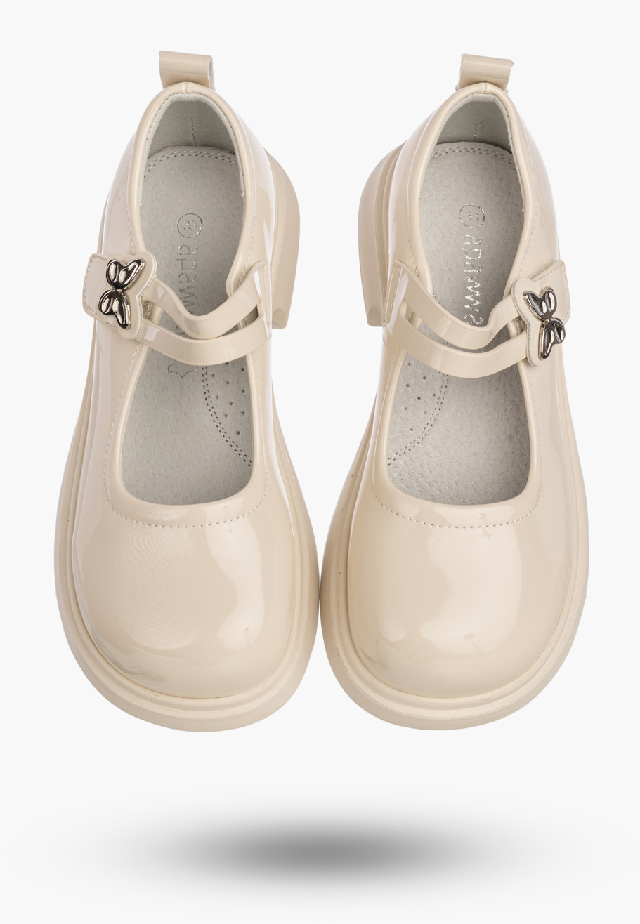 Półbuty Dziewczęce Na Rzepy Buty Eleganckie Skórzana Wkładka Beżowe APAWWA B1601P