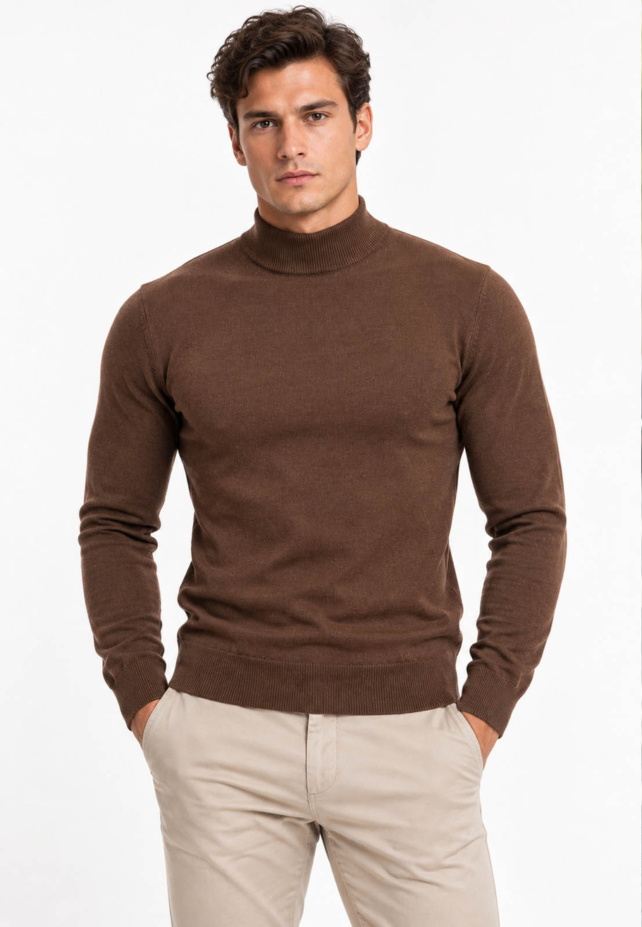 Półgolf męski Slim Fit mocno dopasowany z grubszej dzianiny brązowy Czekolada