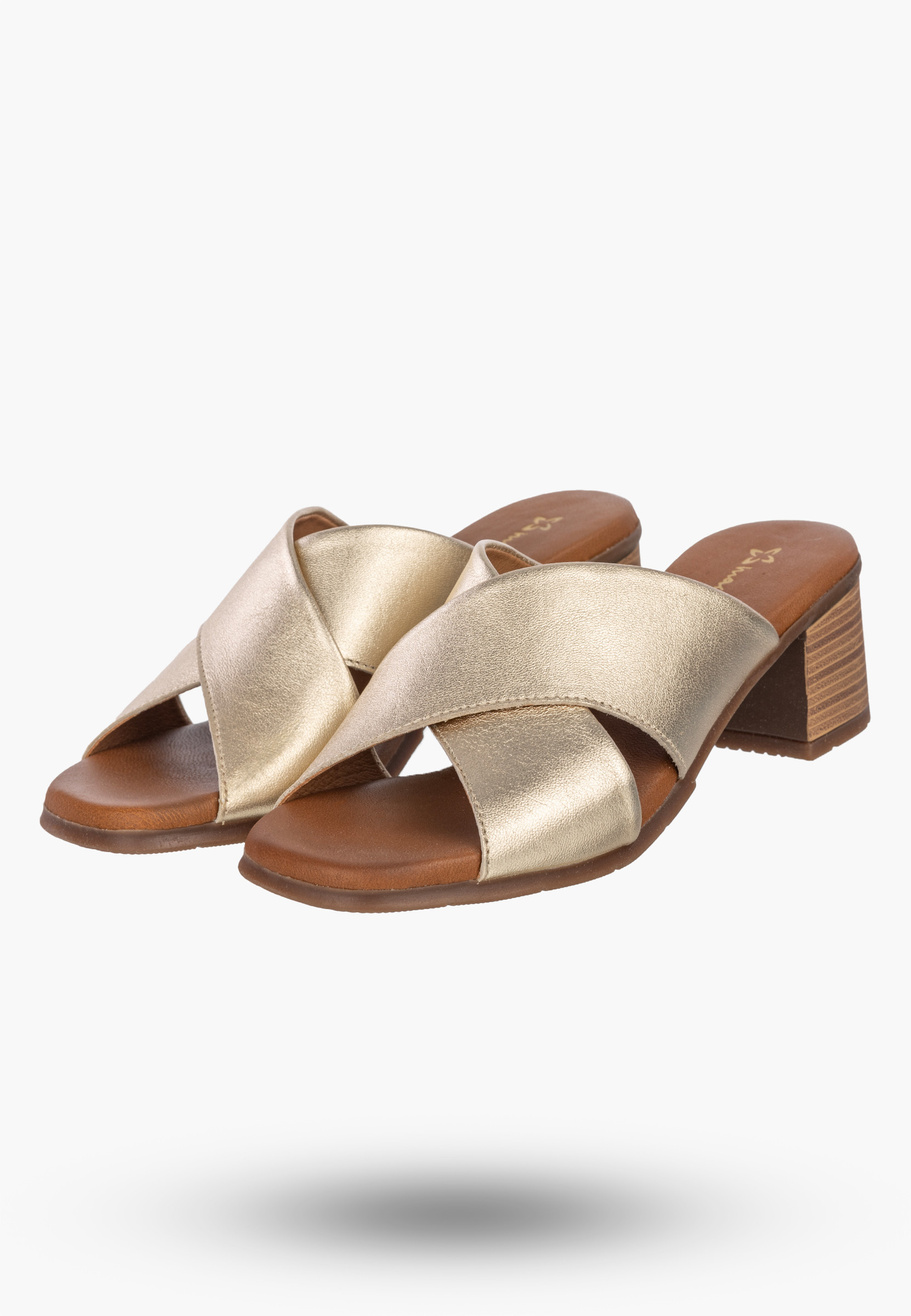 Klapki Damskie Skórzane Buty Eleganckie Na Słupku Złote Maciejka E7390-25/00-1