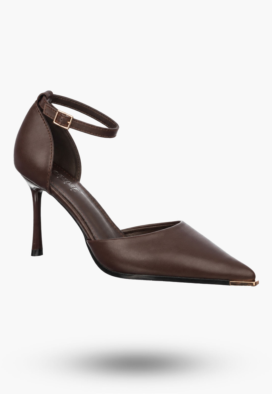 Szpilki Damskie Ekoskóra Buty Na Szpilce Z Paskiem Eleganckie Brązowe
