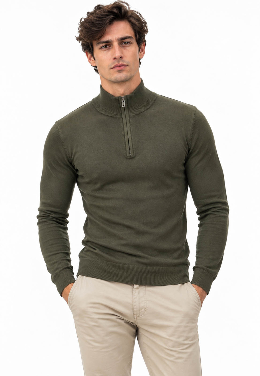 Sweter męski zielony cienki z półzamkiem i półgolfem gładki casual