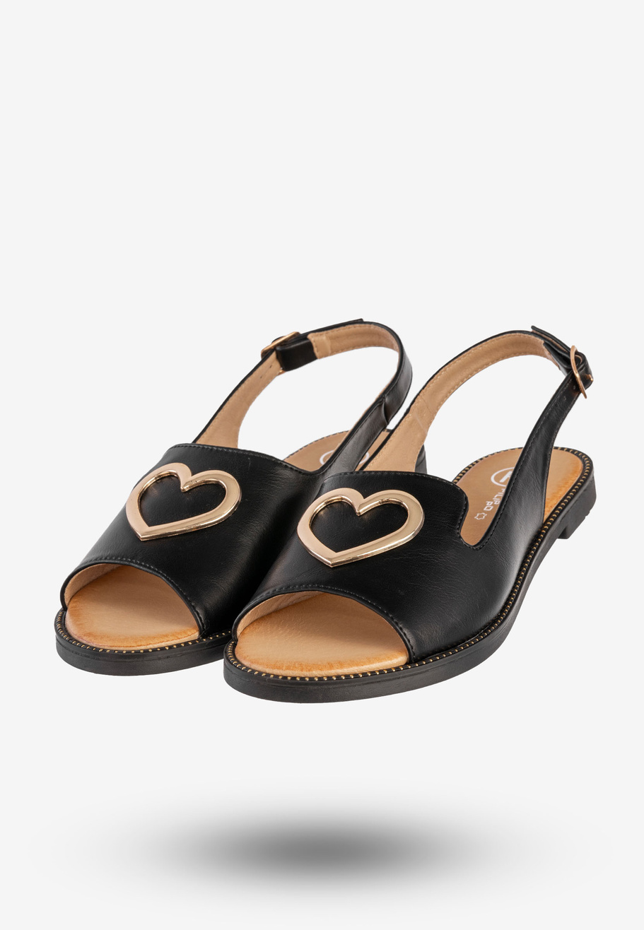Sandały Damskie Ekoskóra Buty Z Sercem Płaski Obcas Czarne Filippo DS6926/25BK