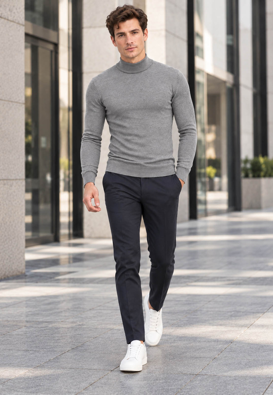 Półgolf męski Slim Fit dopasowany z nieco grubszej dzianiny szary ze stójką