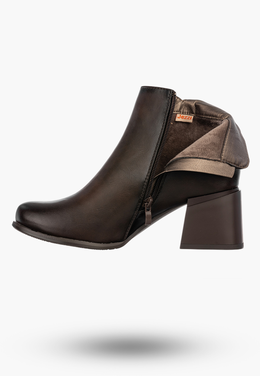 Botki Damskie Ekoskóra Ocieplane Buty Na Kocku Zimowe Eleganckie Brązowe Jezzi