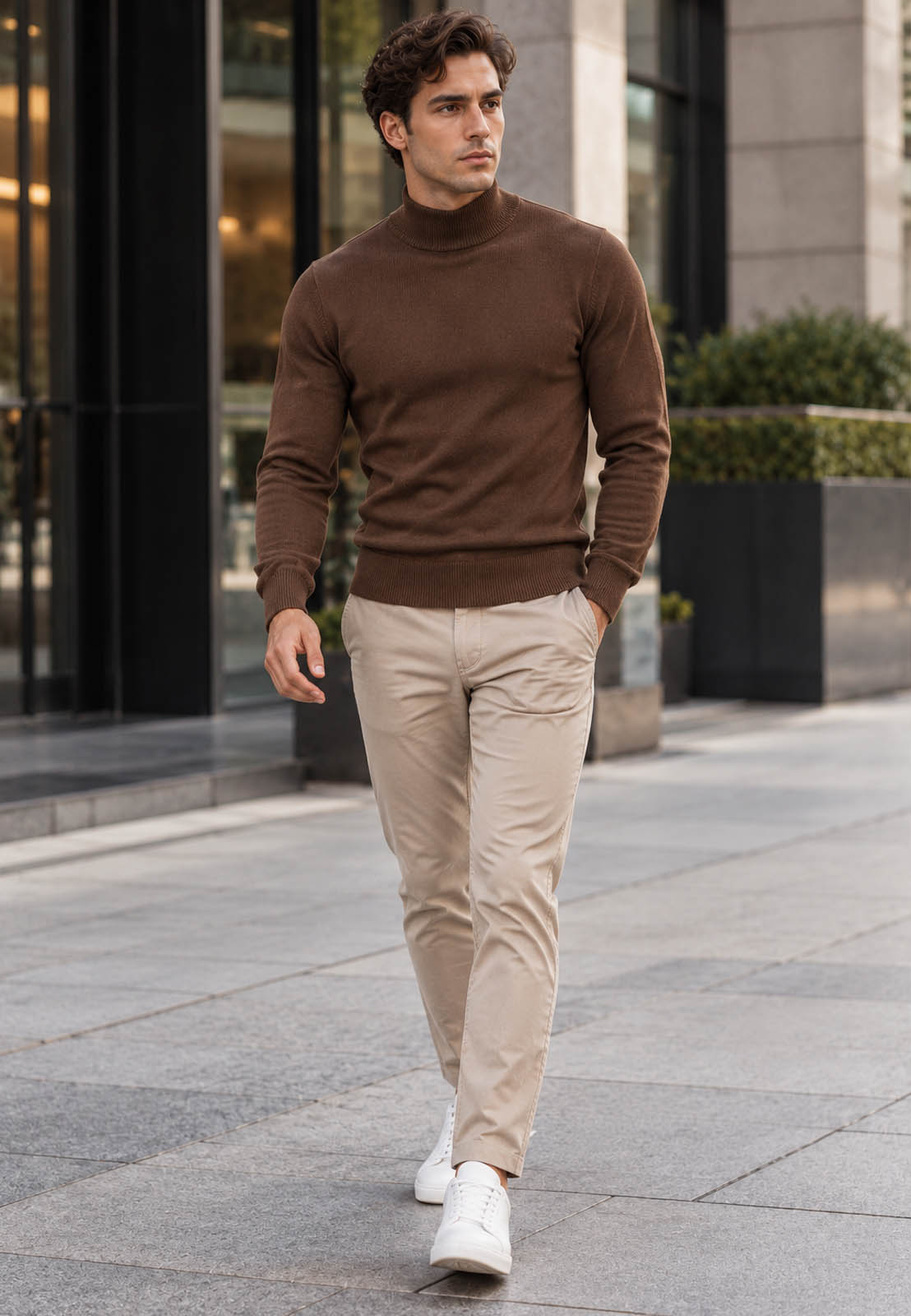 Półgolf męski Slim Fit mocno dopasowany z grubszej dzianiny brązowy Czekolada