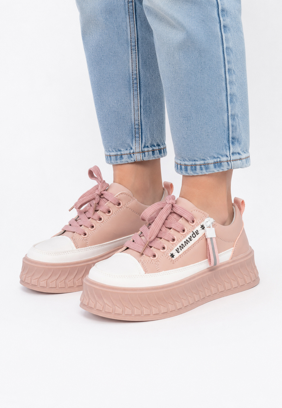 Trampki Dziecięce Sneakersy Skórzana Wkładka Buty Na Platformie Różowe APAWWA