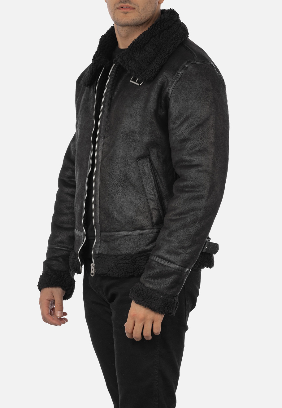 Kożuch Męski Kurtka Czarna Pilotka Slim Fit 15-K-2024