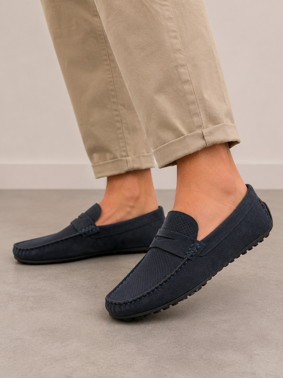 Mokasyny Męskie Ażurowe Eleganckie Wizytowe Buty Casual Granatowe Vanhorn