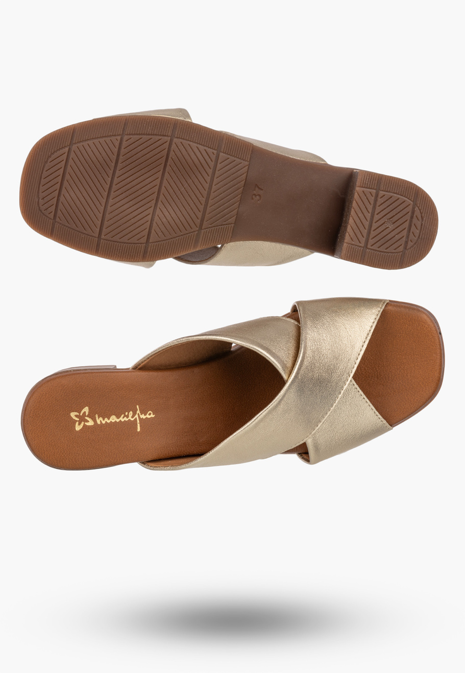 Klapki Damskie Skórzane Buty Eleganckie Na Słupku Złote Maciejka E7390-25/00-1