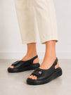 Sandały Damskie Skórzane Buty Czarne Na Platformie Z Ozdobą Letnie Casual
