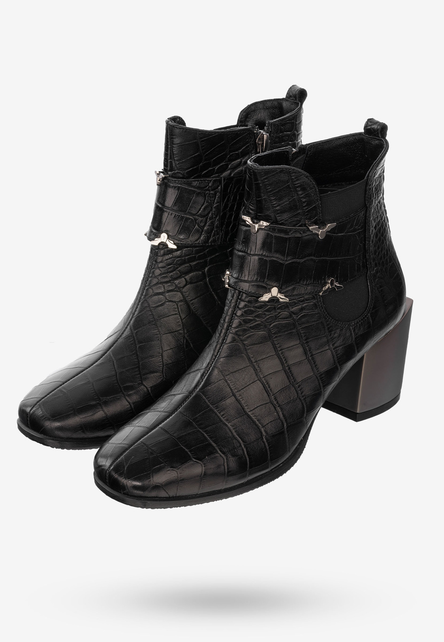 Buty Damskie Botki Skórzane Na Klocku Na Zimę Ocieplane Czarne 610