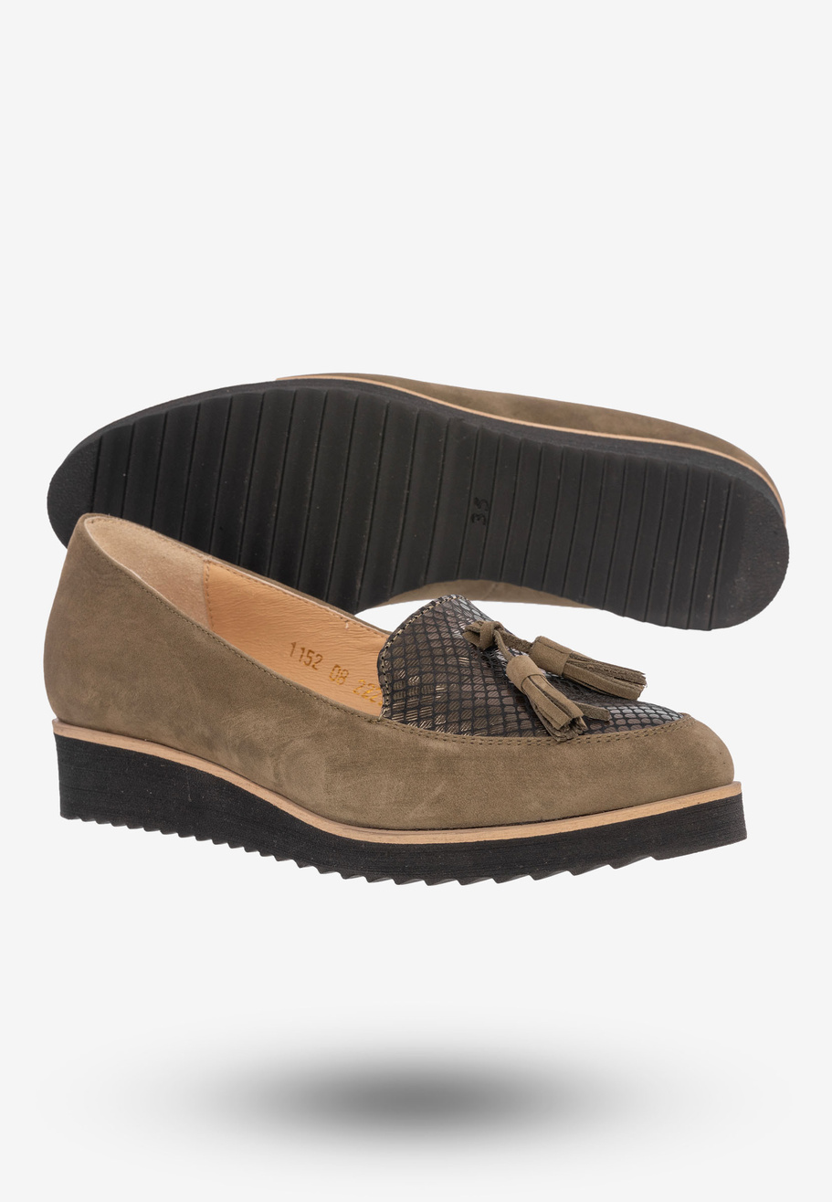 Buty Damskie Mokasyny Na Koturnie Modne Khaki 1152X