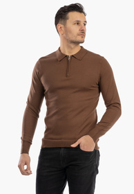 Sweter Męski Z Kołnierzem Elegancki Dopasowany Klasyczny Z Zamkiem Brązowy