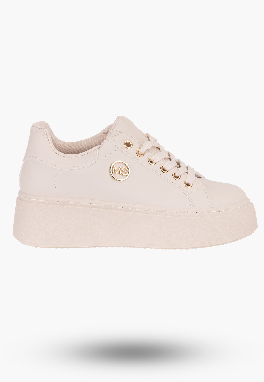 Sneakersy Damskie Beżowe na wysokie podeszwie z subtelną ozdobą
