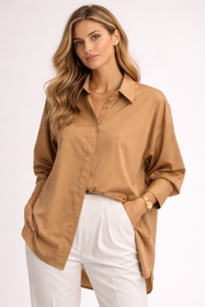 Koszula Damska Elegancka Beżowa Oversize Wizytowa Bawełna EDAN