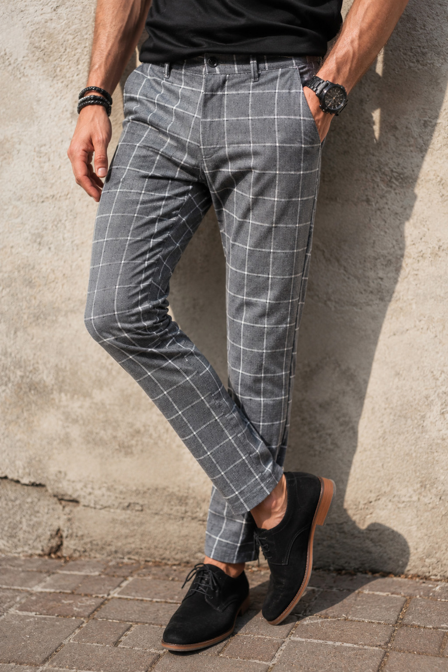 Spodnie Męskie Eleganckie Krata Slim Fit Garniturowe Wizytowe Szare