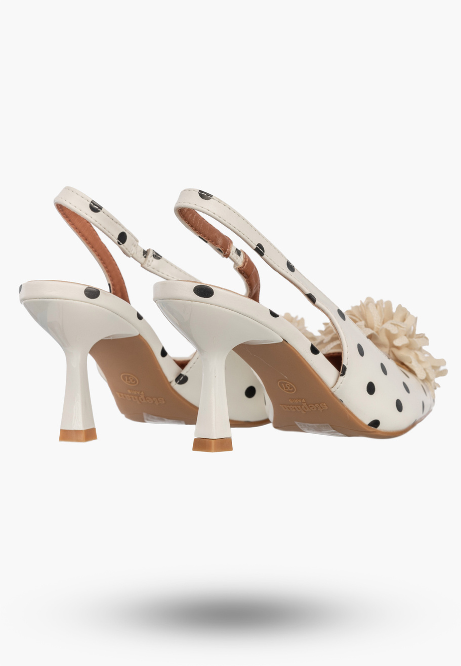 Szpilki Damskie Ekoskóra Czółenka Slingback z Kwiatem Eleganckie Białe W Kropki