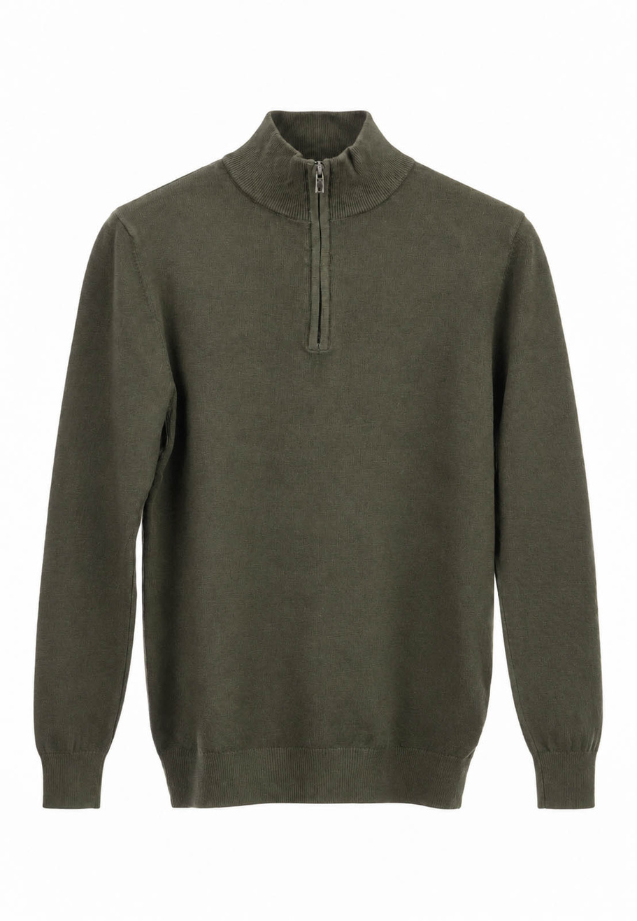 Sweter męski zielony cienki z półzamkiem i półgolfem gładki casual