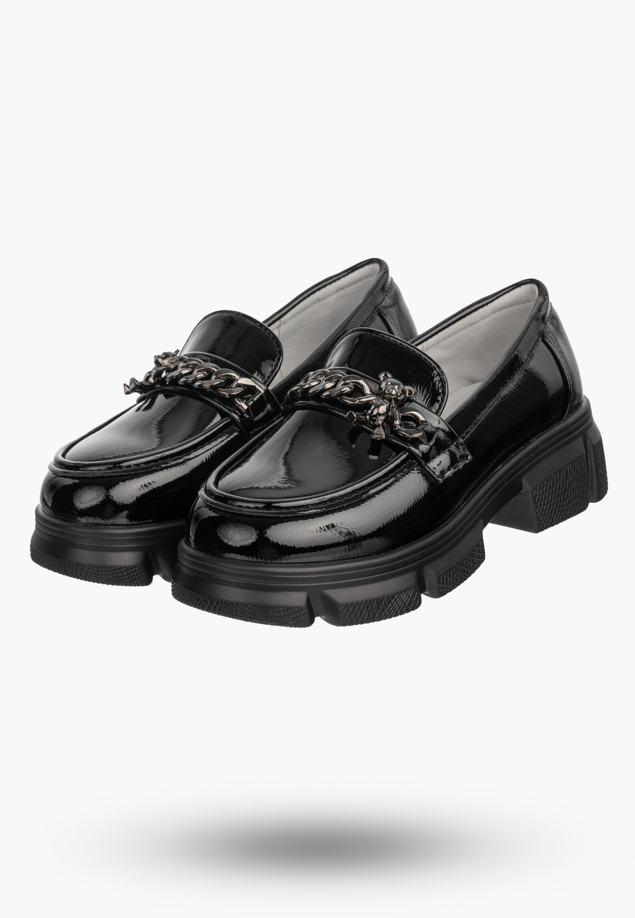 Mokasyny Dziewczęce Ekoskóra Buty Eleganckie Półbuty Lakierowane Czarne Clibee