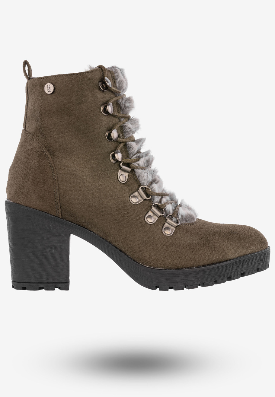 Botki Damskie Zamszowe Buty Na Klocku Z Futerkiem Xti Khaki