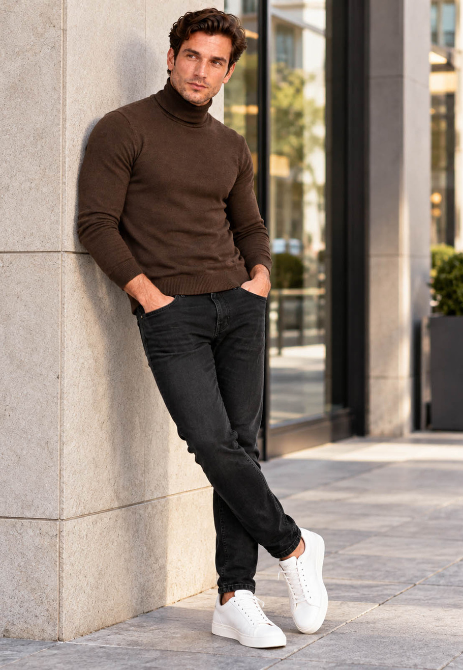 Golf Męski Elegancki Sweter Slim Fit Dopasowany Klasyczny Brązowy