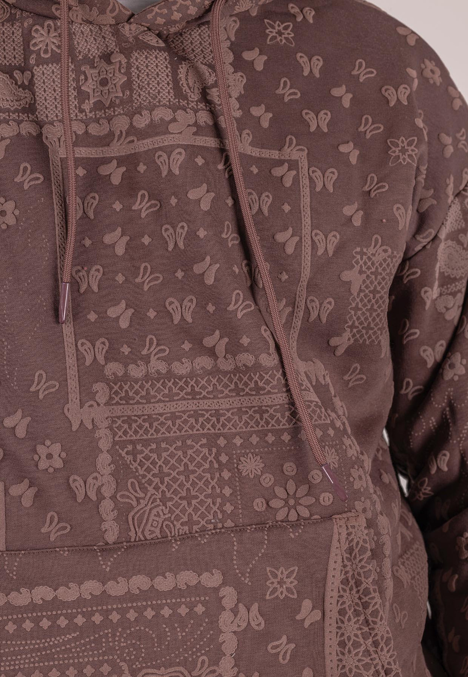 Bluza męska oversize ocieplana z kapturem paisley brązowa