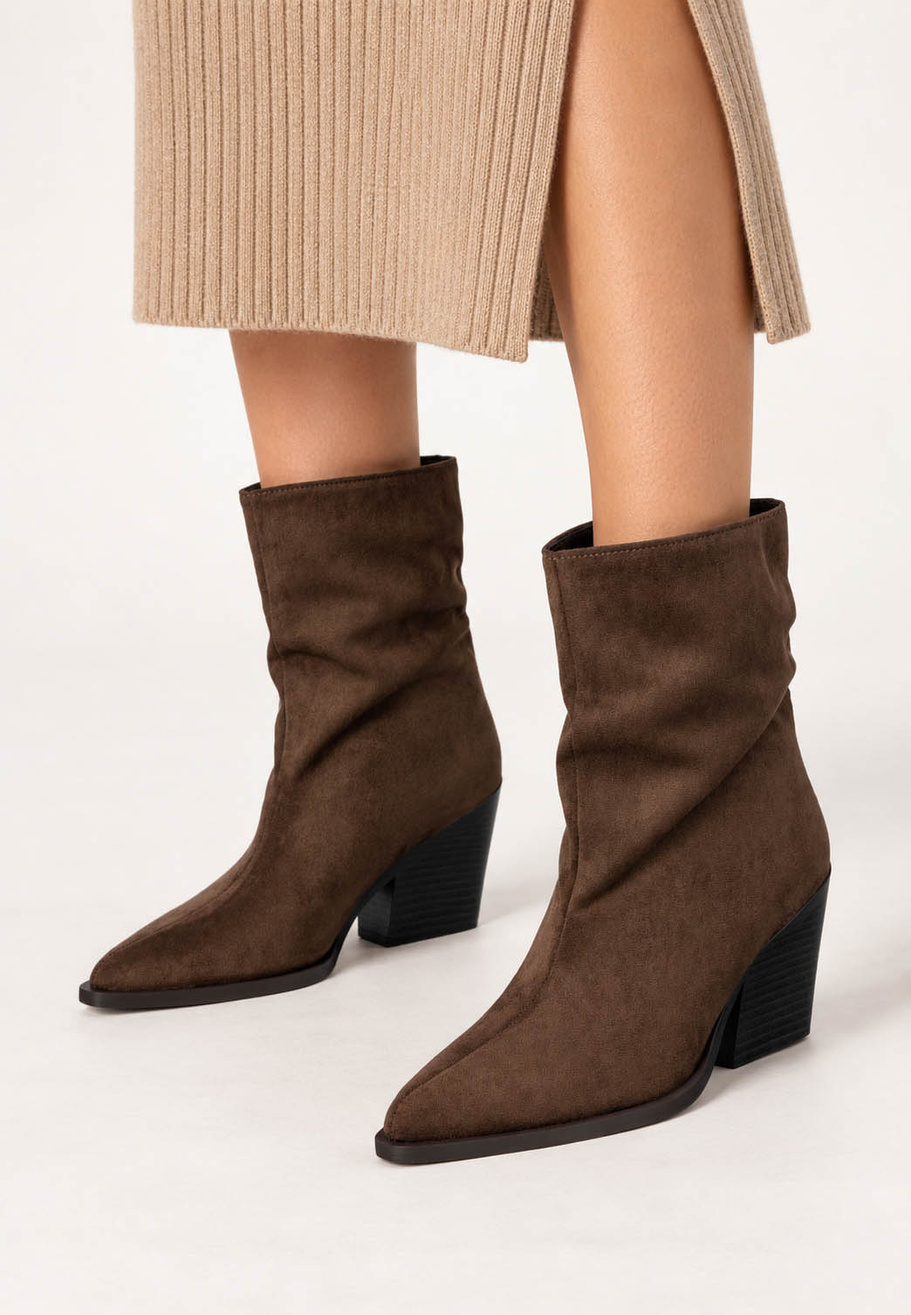 Botki Damskie Buty Na Zimę Eleganckie Stylowe Wsuwane Brązowe
