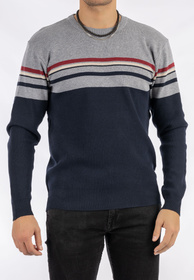 Sweter Męski Klasyczny Elegancki Wygodny Okrągły Dekolt Szary W Paski MUST
