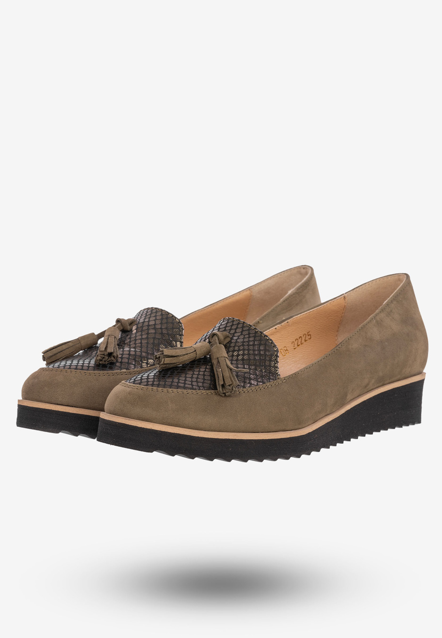 Buty Damskie Mokasyny Na Koturnie Modne Khaki 1152X