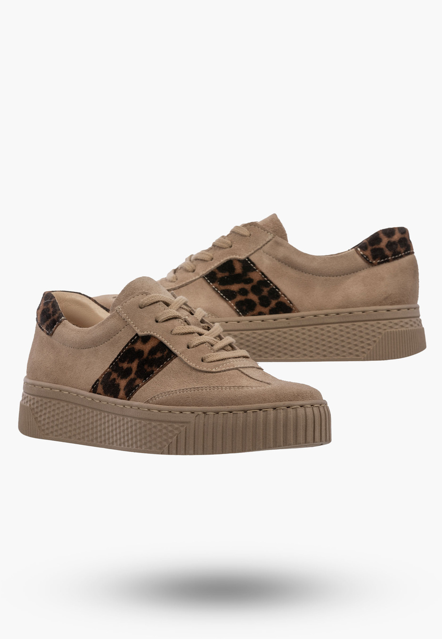 Sneakersy Damskie Skórzane Półbuty Niskie Buty Panterka Beżowe