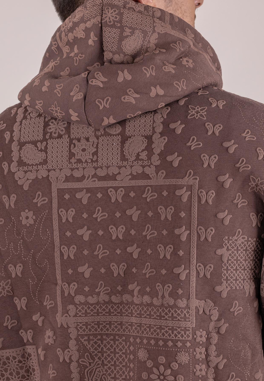 Bluza męska oversize ocieplana z kapturem paisley brązowa